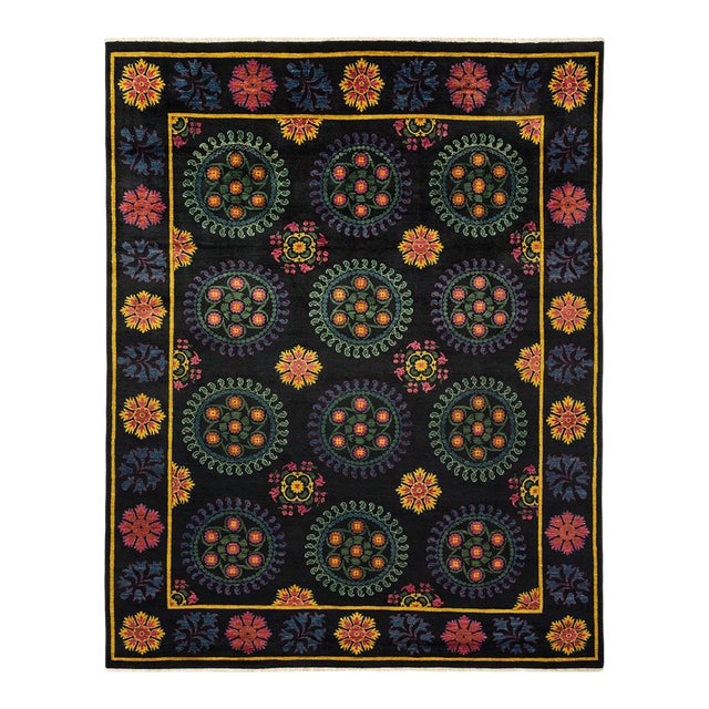 Suzani Collection Hand-Knotted Area Rug - Black 9' 1" x 11' 4" For Sale