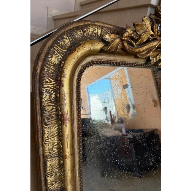 French Provincial French 19th Century Large Vertical Gold Gilt Mirror with Floral crest For Sale - Image 3 of 18