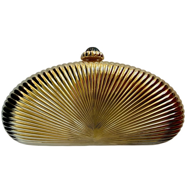 Judith Leiber Gold Ribbed Half Oval Onyx Gem Crystal Minaudiere Evening Bag For Sale - Image 9 of 15