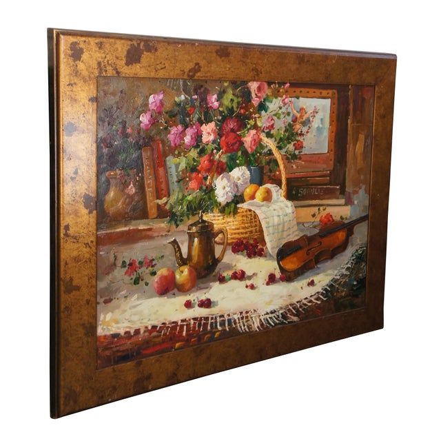 Realism 20th C. Realist Still Life Signed Oil Painting Canvas Fruit Violin Flowers 48" For Sale - Image 3 of 12