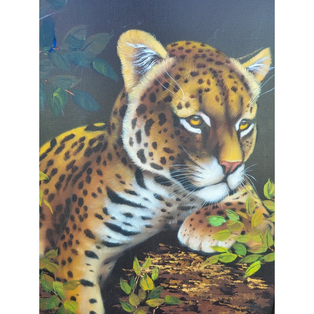 Textile Vintage Hand Painted Oil on Canvas Tiger Framed Wall Art For Sale - Image 7 of 8