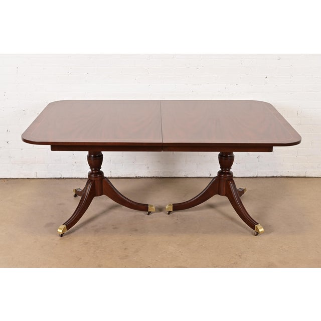 Wood Kindel Furniture Georgian Banded Mahogany Double Pedestal Extension Dining Table, Newly Refinished For Sale - Image 7 of 13