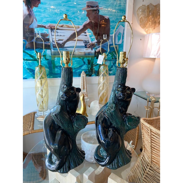 Vintage Pair of Mid-Century Modern Plaster Black Panther Cat Table Lamps For Sale - Image 11 of 13