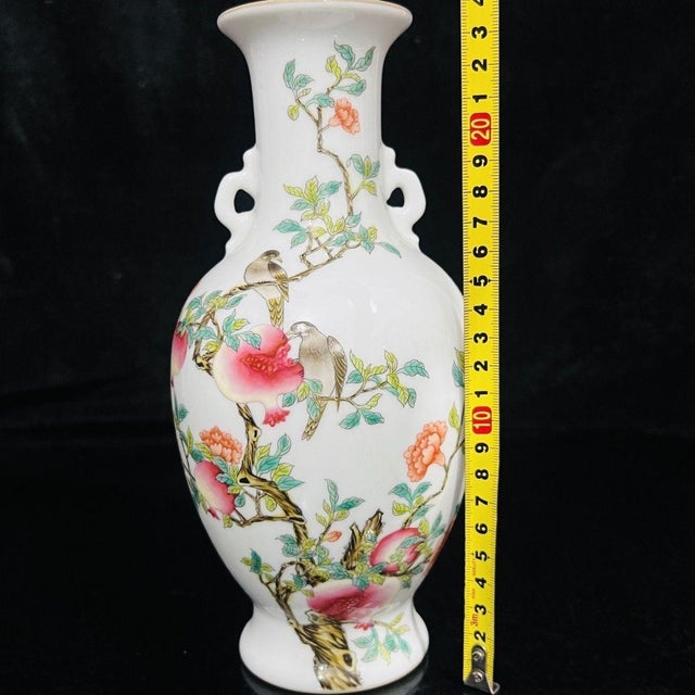 Rose Pair of Vintage Famille Rose Porcelain Vases With Pomegranate and Bird Motif For Sale - Image 8 of 8
