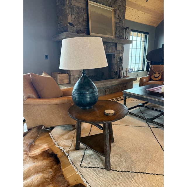 Mid-Century Modern Ceramic Wide Bottom Blue Lamp. Drip Glaze Hand Thrown Body. Deep Blues.1966 For Sale - Image 3 of 7