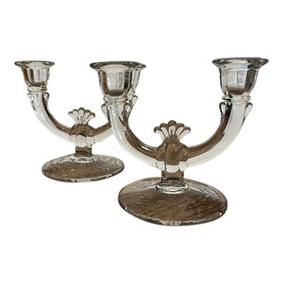Antique Mid-Century Modern Paden City Lucy Pattern Clear Glass Twin Arm Double Candelabras - Pair For Sale