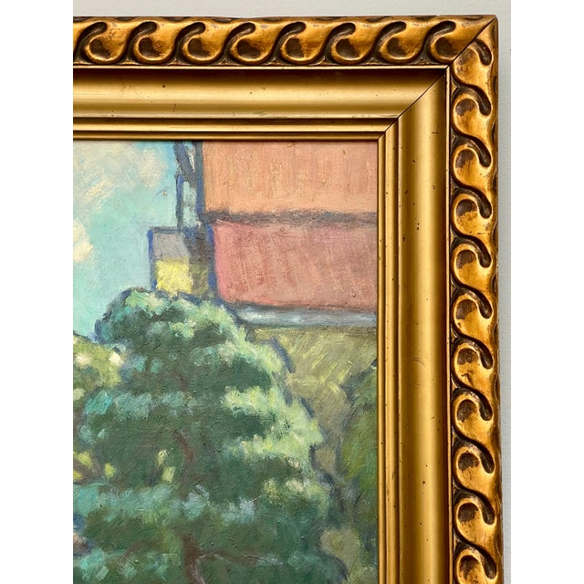 Green Mid 20th Century Vintage Oil Painting Impressionist City Garden. Signed, Framed. For Sale - Image 8 of 10