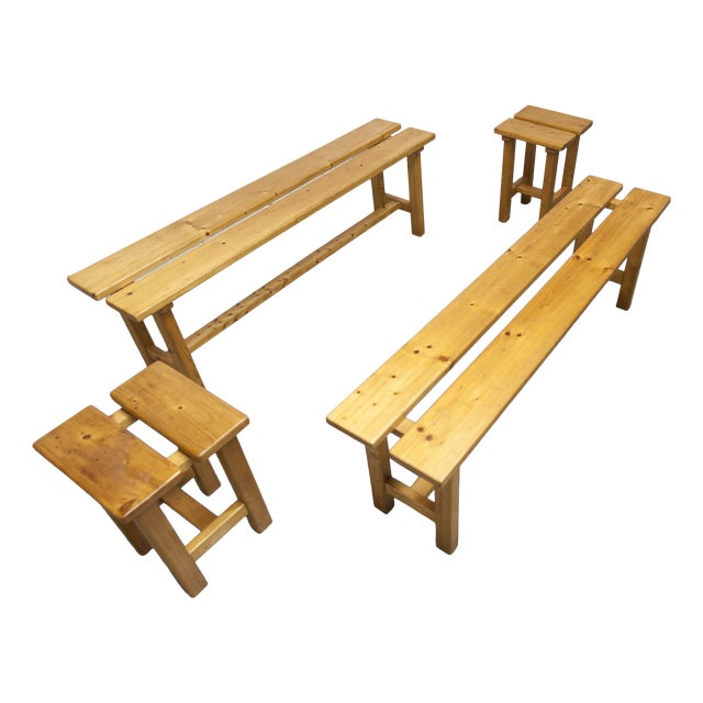 Mountain Style Pine Benches and Stools, 1970, Set of 4 For Sale