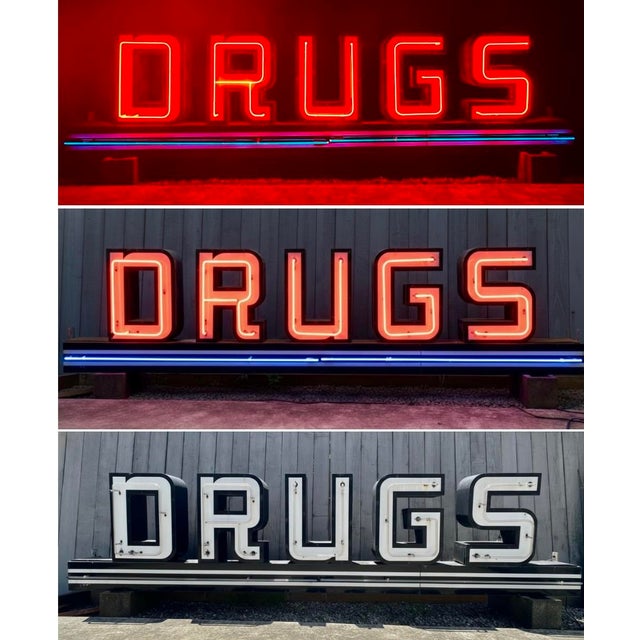 "Drugs" Illuminated Porcelain Enamel Channel Letter Sign, C. 1940s For Sale - Image 4 of 5