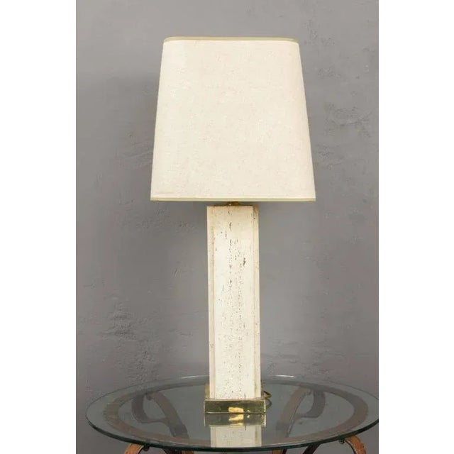 Large French Mid-Century Rectangular Travertine Table Lamp With Brass Base, 1960s For Sale - Image 4 of 12