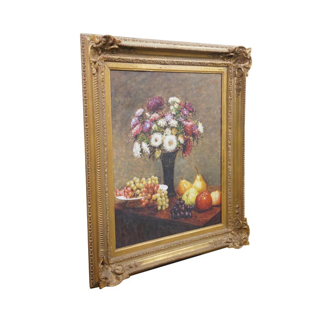 Vintage oil painting on canvas titled Asters and Fruit on a Table, after Henri Fantin Latour. Originally created in 1868...