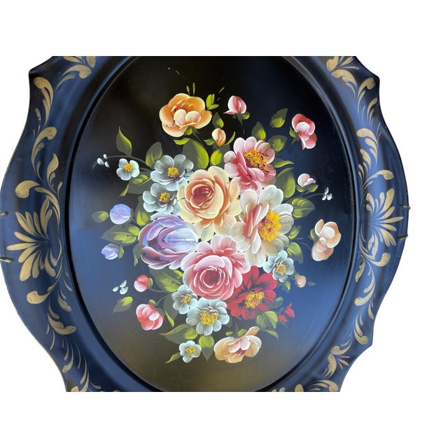 Shabby Chic Large Vintage Mid-Century Hand-Painted Floral & Black Tea Tray For Sale - Image 3 of 4