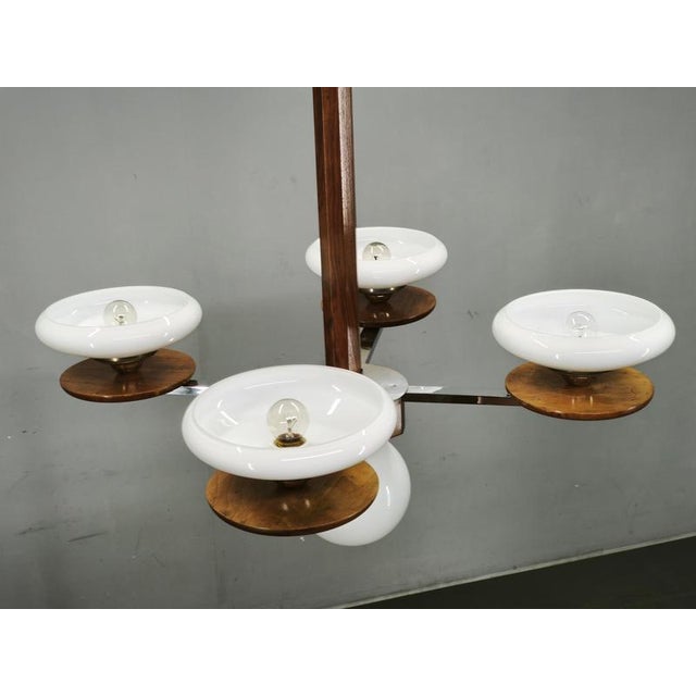 Metal Czech Art Deco Chrome and Opaline Glass Chandelier in Walnut, 1930s For Sale - Image 7 of 17