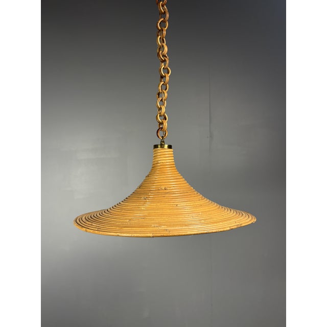 Mid-Century Modern Italian Witch Hat Pencil Reed Rattan Bamboo and Brass Pendant Lamp, 1970s For Sale - Image 6 of 12