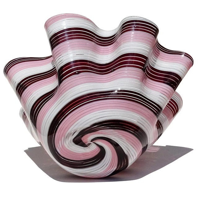 Mid 20th Century Vintage Murano Dark Purple Pink White Swirling Ribbons Italian Art Glass Decorative Fazzoletto Flower Vase For Sale - Image 5 of 8