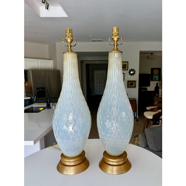 1950s Large Murano Opalescent Blue Gold Inclusions Table Lamps - a Pair For Sale - Image 9 of 18