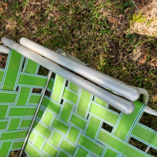 Vintage MCM Aluminum Webbed Folding Beach Pool Lawn Chair Chaise Lounge For Sale - Image 4 of 6