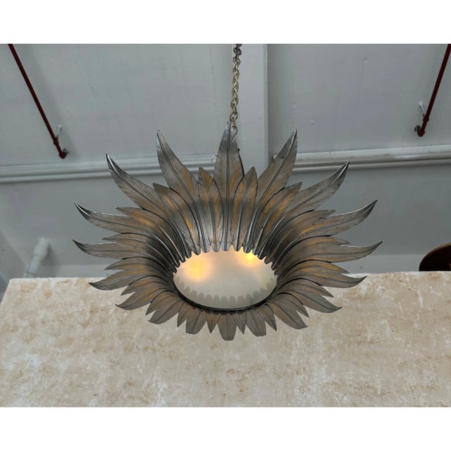 Spanish Silvered Sunburst Ceiling Fixture With Patinated Gold Highlights For Sale - Image 4 of 12