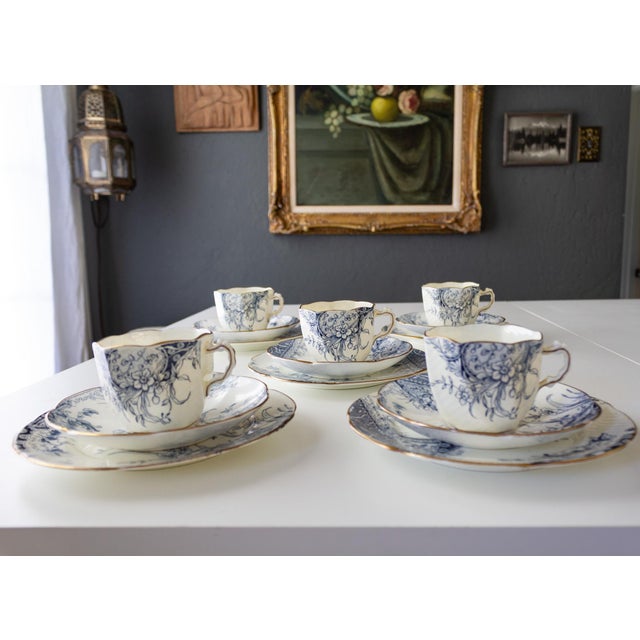 19th Century English Bone China Blue and White Tea Cup Set for Five - 15 pcs For Sale - Image 6 of 16