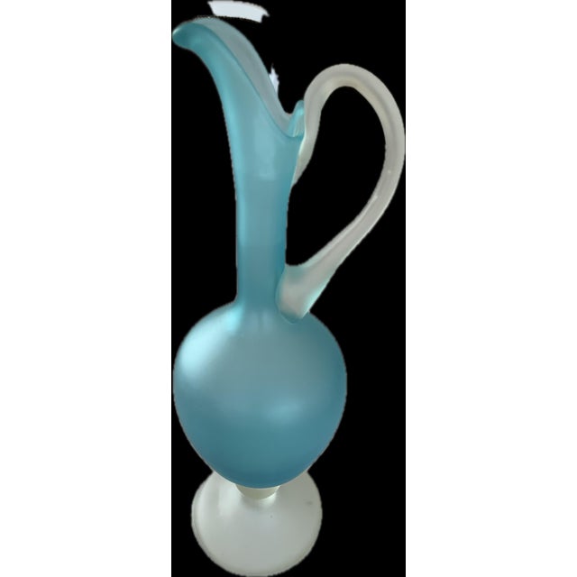 1970s Turquoise and White Sandblasted Glass Carafe, 1970s For Sale - Image 5 of 18
