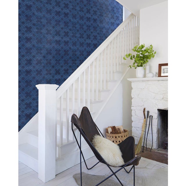 Contemporary Sample - Schumacher Hix Embroidered Sisal Wallpaper in Blue For Sale - Image 3 of 5