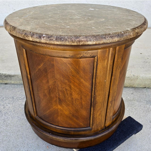Vintage Round Brown Marble Top Drum Side End Center Table With Storage Cabinet For Sale - Image 12 of 13