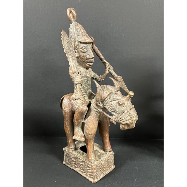 Brown Pair of African Tribal Art Benin Bronze Warrior Figures on Horseback For Sale - Image 8 of 16