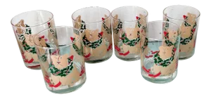 Vintage Holiday Christmas Bears Lowball Glasses Set of Six