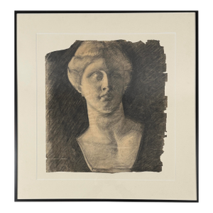 Antique 19th Century French Neoclassical Greek Bust Charcoal Sketch, Framed