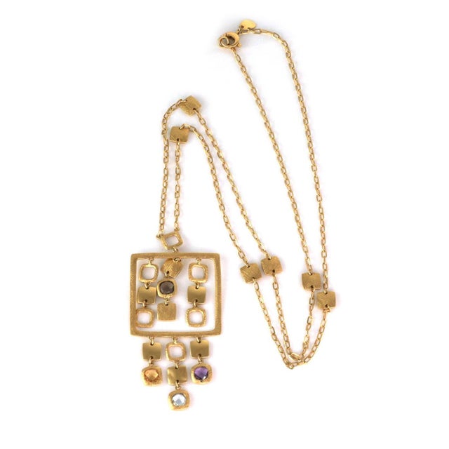 Contemporary Beautiful 18k Yellow Gold & Gems Fancy Square Dangle Pendant & Chain For Sale - Image 3 of 7