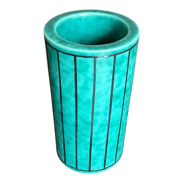 1940s Wilhelm Kåge for Gustavsberg Floral “Argenta” Teal Stoneware Bud Vase or Pen Holder, Sweden For Sale