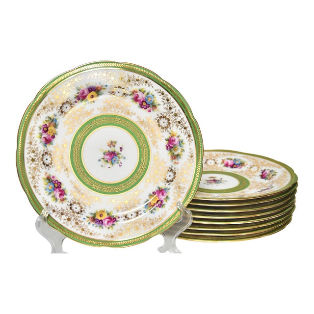 C. 1900 English Cauldon Porcelain Gilt & Hand Painted Plates Set of 9 For Sale