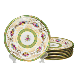 C. 1900 English Cauldon Porcelain Gilt & Hand Painted Plates Set of 9