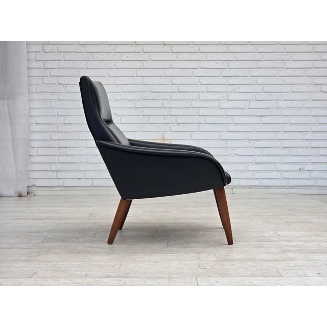 Wood Danish Armchair in Black Artificial Leather and Teak Wood Legs, 1970s For Sale - Image 7 of 15
