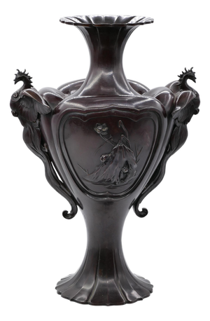Meiji Floral Bronze Amphora Vase, Japan, Late 19th Century