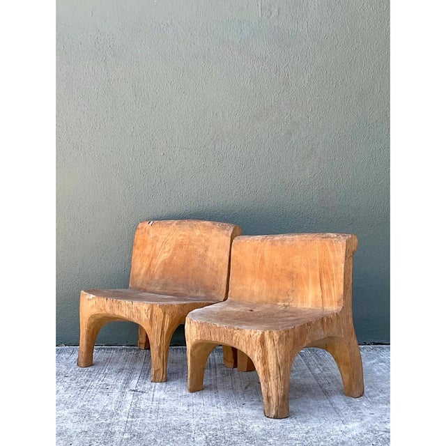 Mid-Century Modern Vintage Carved Wood Low Stools - Pair For Sale - Image 3 of 12