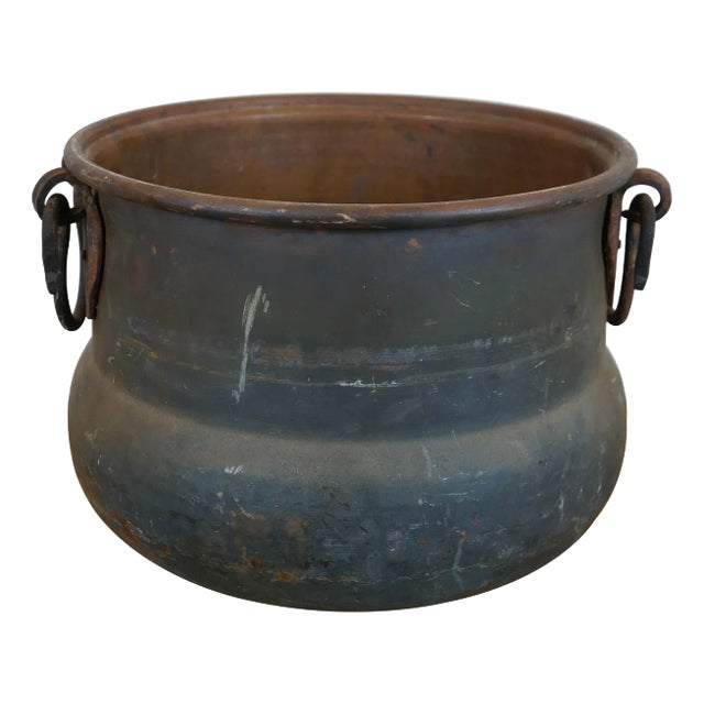 Antique Hammered Copper Cauldron Cook Pot Kettle With Iron Handles For Sale