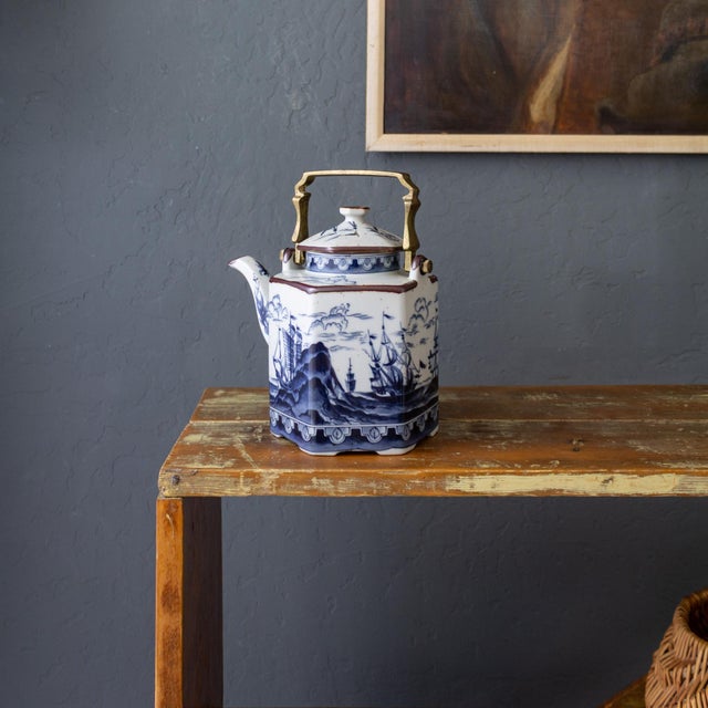 1960s Chinoiserie Nautical Maritime Earthenware Teapot With Blue Nautical Ships For Sale - Image 6 of 16