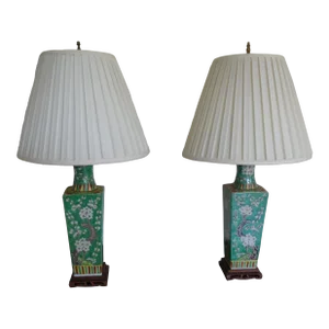 Vintage Famille Verte Chinese Lamps - a Pair