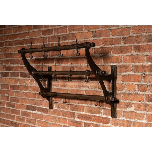 Early Two-Tier Wall Mounted Firehouse Coat Rack With Wood Rails For Sale - Image 4 of 8