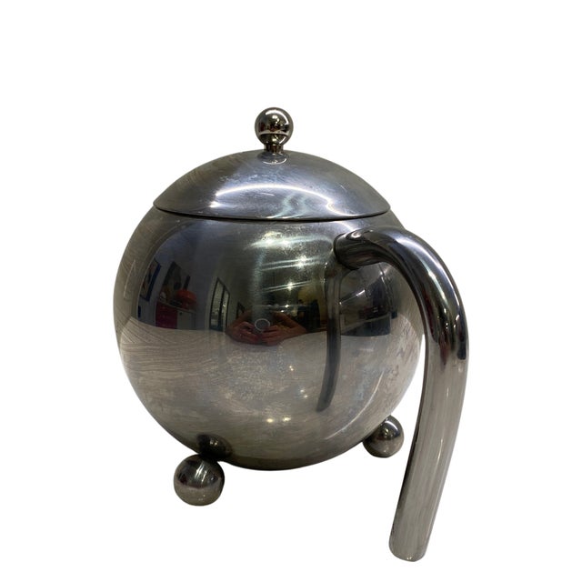Vintage Postmodern Stainless Steel Teapot With Orb Feet | Space Age Modernist Serving Piece For Sale - Image 4 of 5