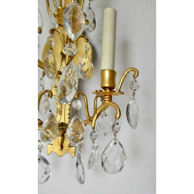 Late 19th Century French Victorian -Style, Gilded Gold & Crystal Drop 5--Candelabra Wall Light Sconces - Pair For Sale - Image 11 of 17