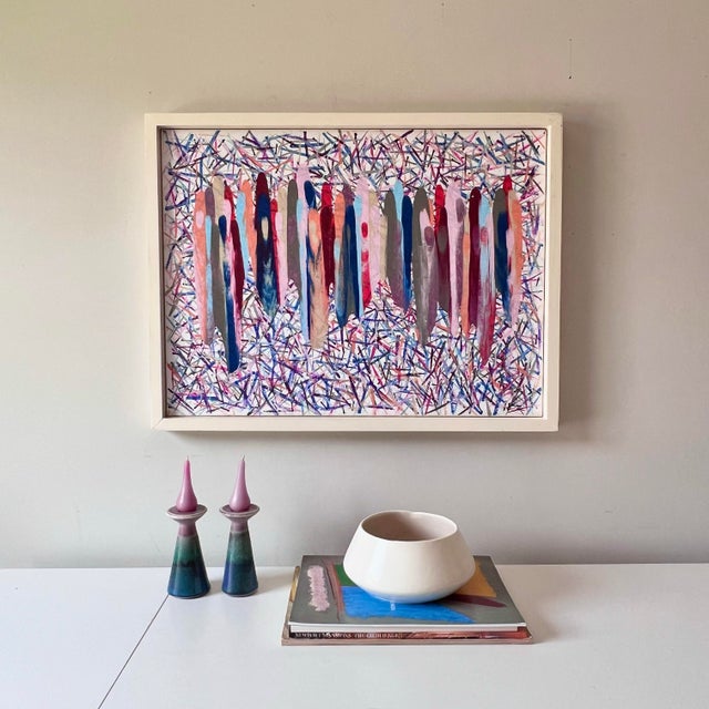 Late 20th Century Vintage Bauhaus Pink and Purple Abstract Confetti Framed Painting For Sale - Image 4 of 9