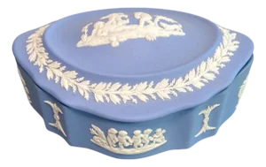 Vintage Wedgwood Blue Jasperware Lidded Trinket Box With Cherub Relief, England
