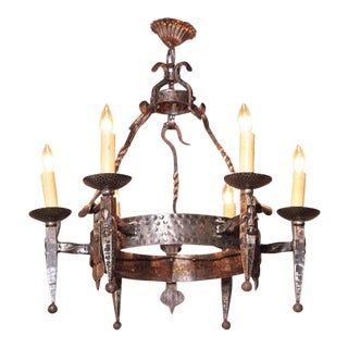 Early 20th Century French Wrought Iron Six-Light Chandelier With Fleur-De-Lys For Sale