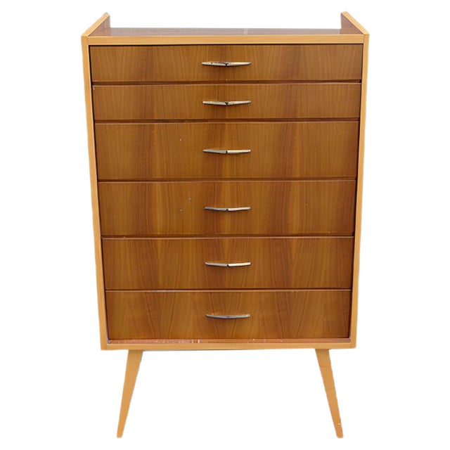 Mid-Century Chest of Drawers in Walnut and Maple with Brass Handles, 1950s For Sale