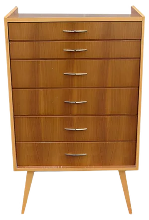 Mid-Century Chest of Drawers in Walnut and Maple with Brass Handles, 1950s