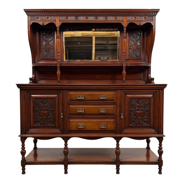 Antique English Carved Walnut Mirror-Back Sideboard, 1900s For Sale