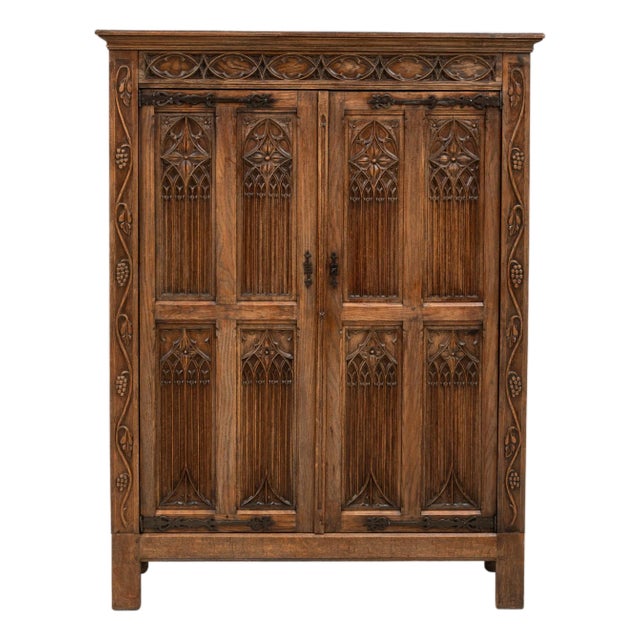 1920s French Gothic Oak Cabinet in Original Patina For Sale