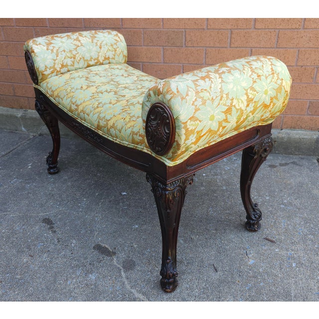 Mid 20th Century Carved Mahogany and Upholstered Rolled Arms Bench For Sale - Image 5 of 8